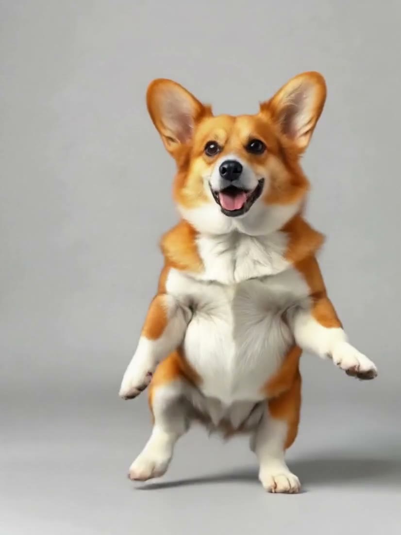 A corgi balances on its hind legs mid-step, one front paw stretched out to the right and its mouth open, against a plain light grey background.
