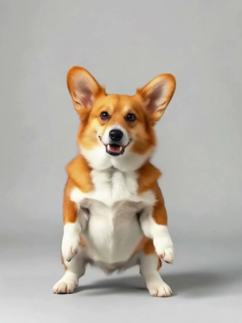 A corgi stands upright on its hind legs against a plain light grey background, smiling, with its front paws held in front of its chest.