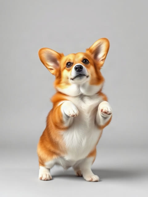 The photo that went in: a corgi standing on its hind legs against a plain grey background, front paws raised, looking up and to the left.